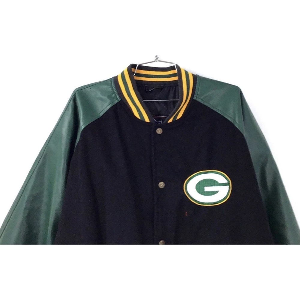 GUC NFL Men’s Black and Green Leather Sleeves Varsity Jacket - Sz XL - Picture 3 of 6